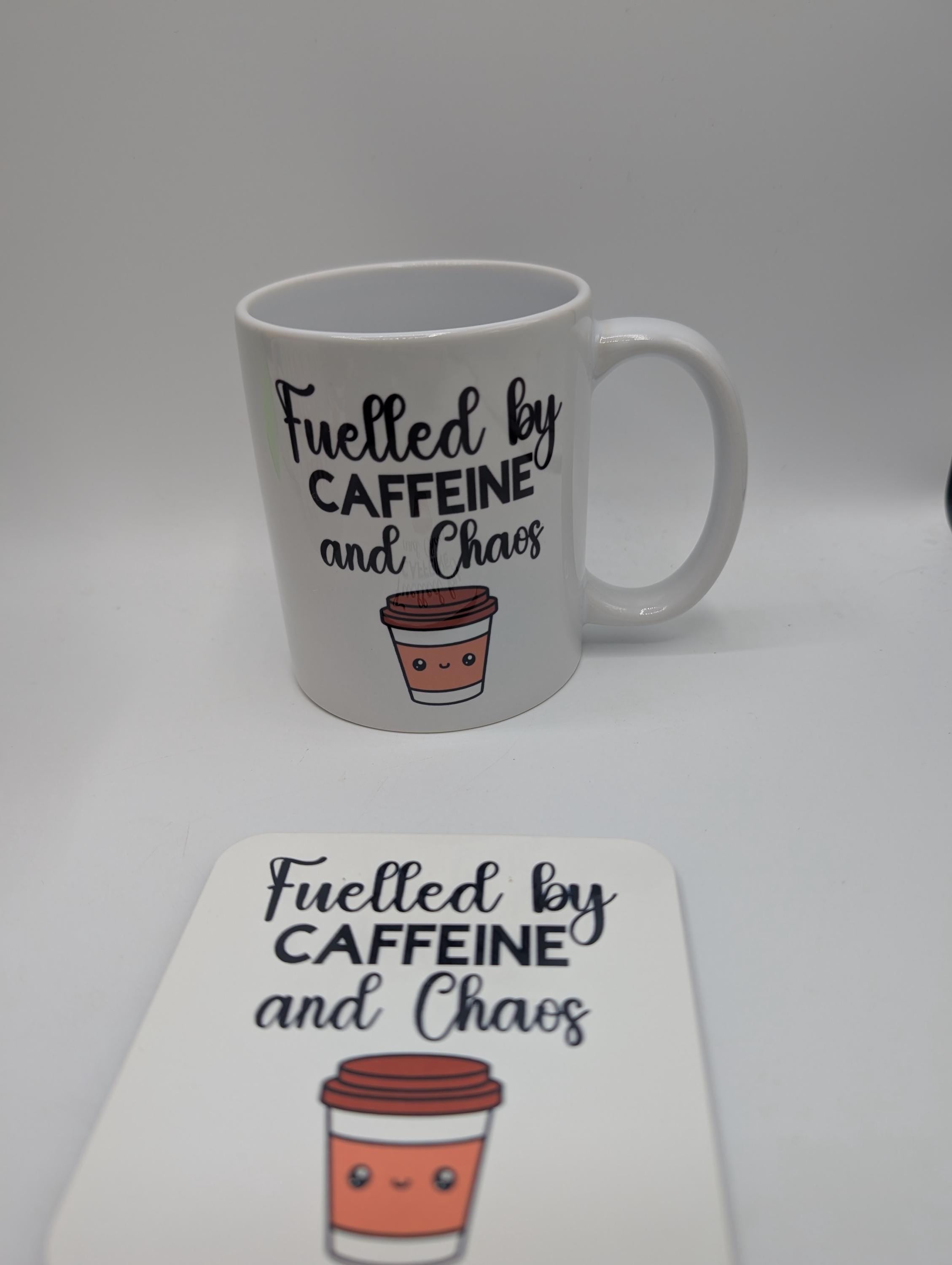 Fuelled by Caffeine & Chaos Mug / Gift for friend / Gift for coffee lover / Gift for Work Colleague / Caffeine Chaos Coaster / Coffee Gift