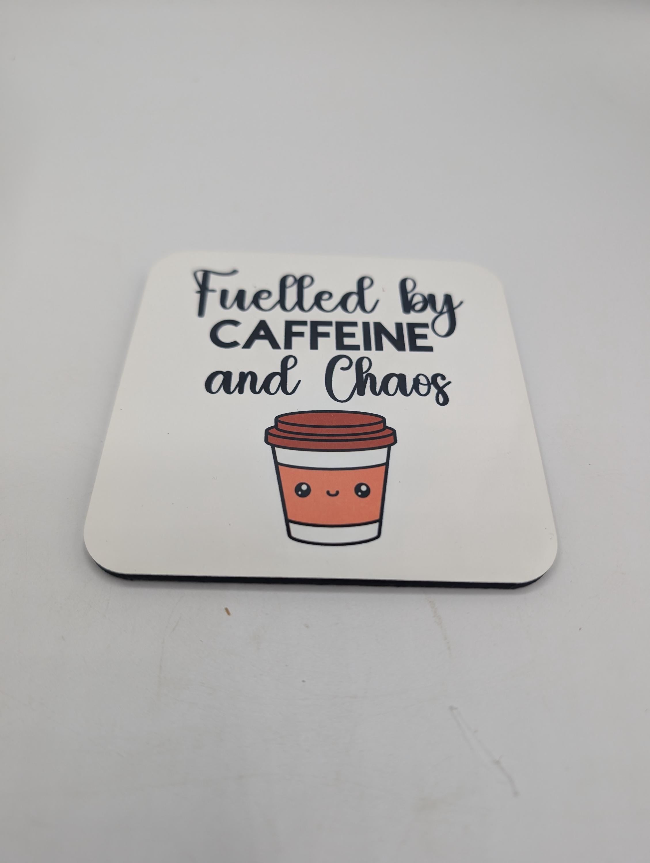 Fuelled by Caffeine & Chaos Mug / Gift for friend / Gift for coffee lover / Gift for Work Colleague / Caffeine Chaos Coaster / Coffee Gift