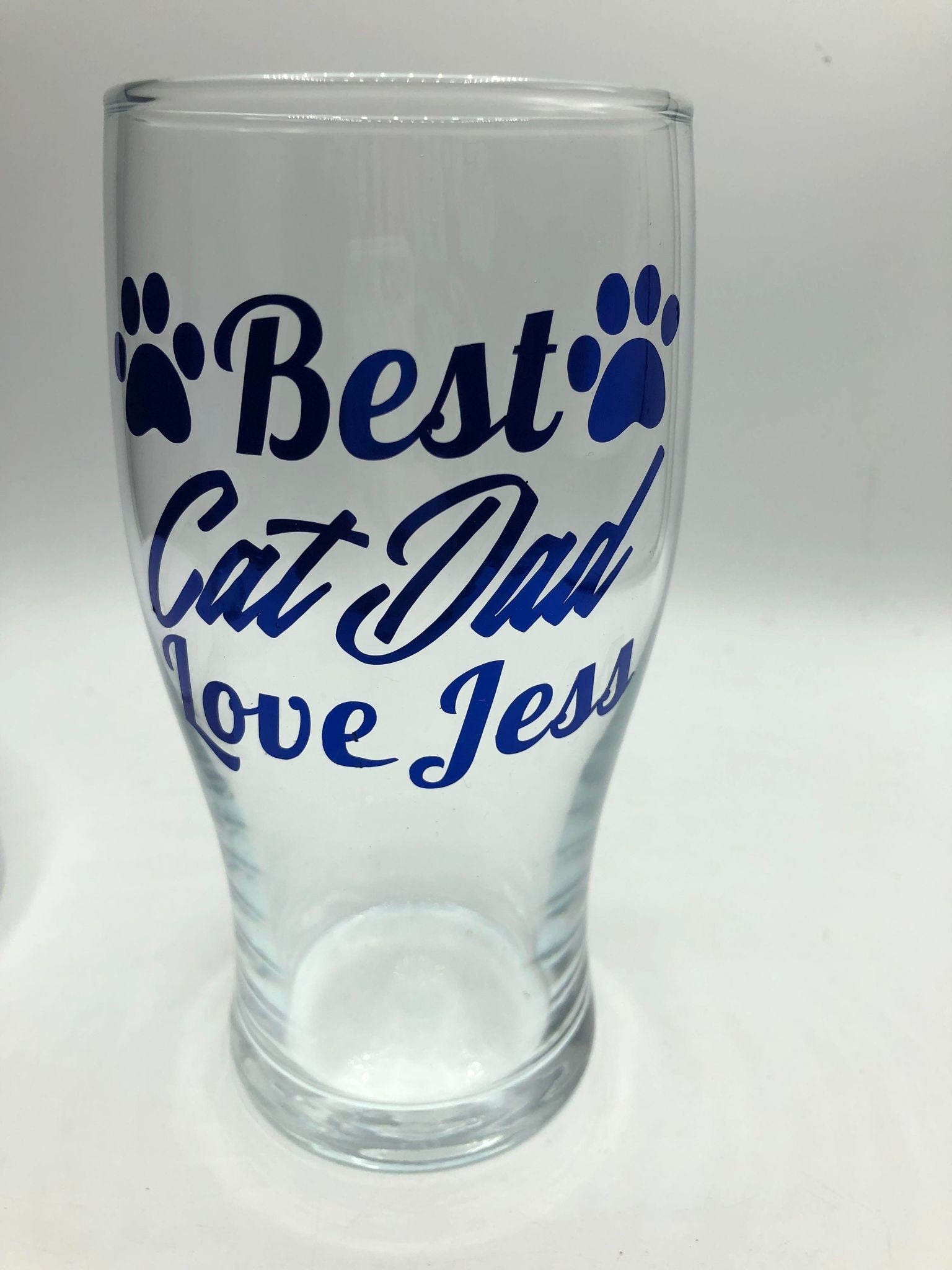 Personalized Cat Dad Pint Glass, Blue Text, Cat Lover Gift