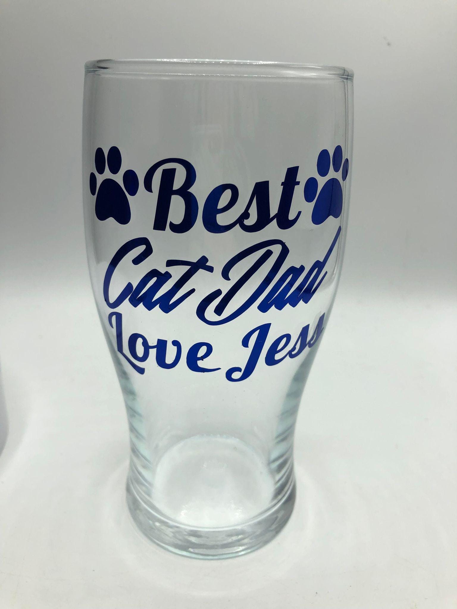 Personalized Cat Dad Pint Glass, Blue Text, Cat Lover Gift