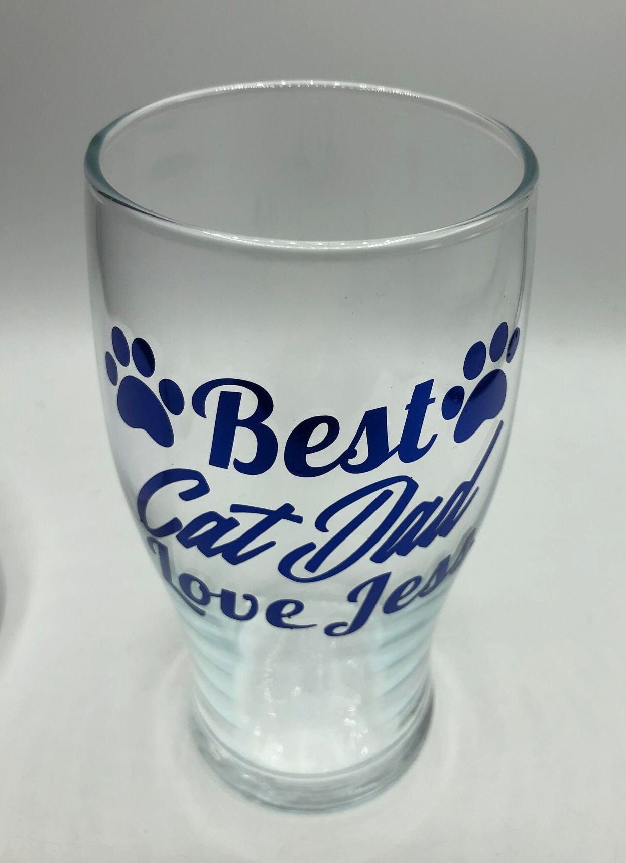 Personalized Cat Dad Pint Glass, Blue Text, Cat Lover Gift