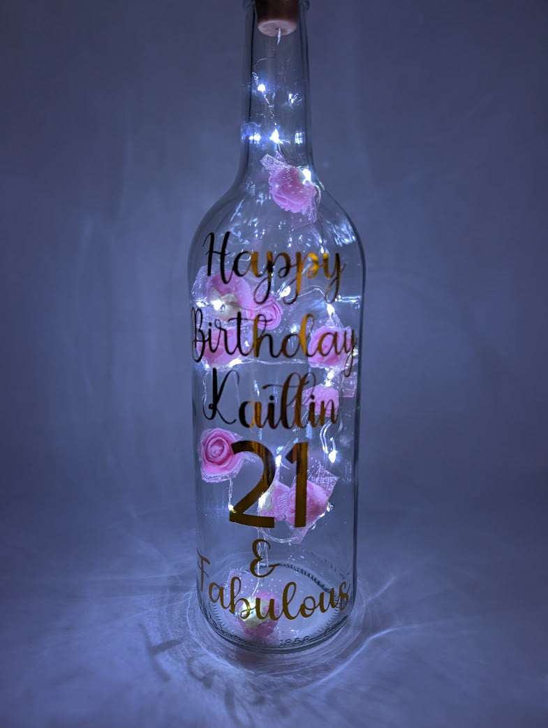 Personalised 21st Birthday Light Up Bottle, Rose Decor Gift, 21st Birthday Milestone Gift, Custom Light Up Bottle Gift, Present for Her 21st
