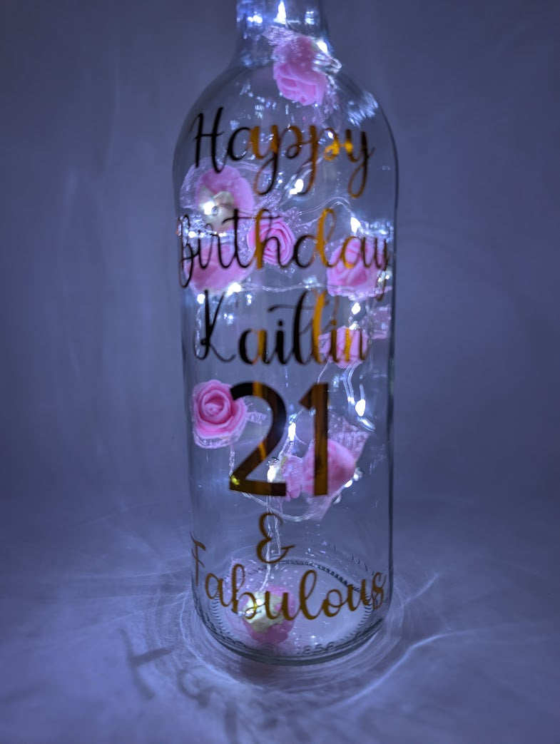 Personalised 21st Birthday Light Up Bottle, Rose Decor Gift, 21st Birthday Milestone Gift, Custom Light Up Bottle Gift, Present for Her 21st