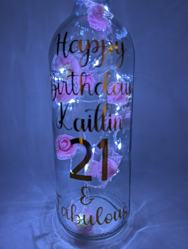 Personalised 21st Birthday Light Up Bottle, Rose Decor Gift, 21st Birthday Milestone Gift, Custom Light Up Bottle Gift, Present for Her 21st