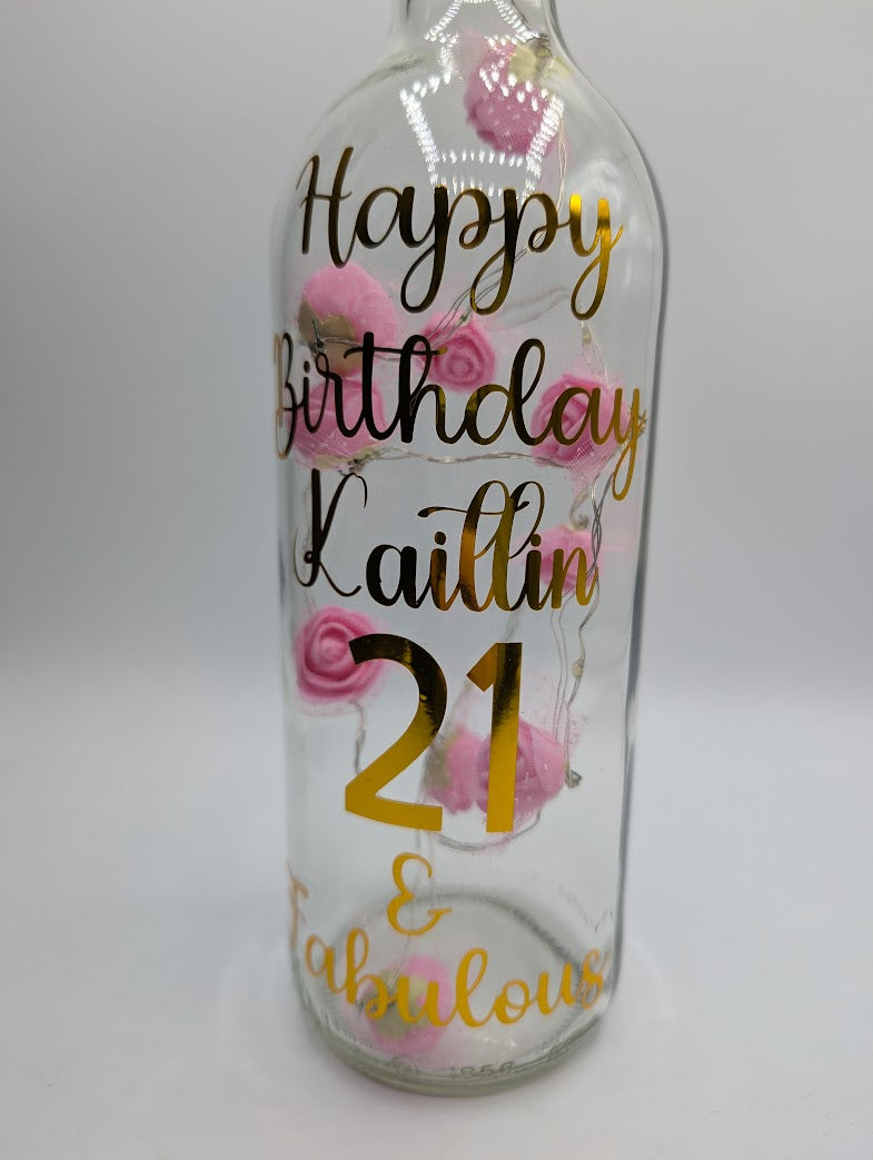 Personalised 21st Birthday Light Up Bottle, Rose Decor Gift, 21st Birthday Milestone Gift, Custom Light Up Bottle Gift, Present for Her 21st