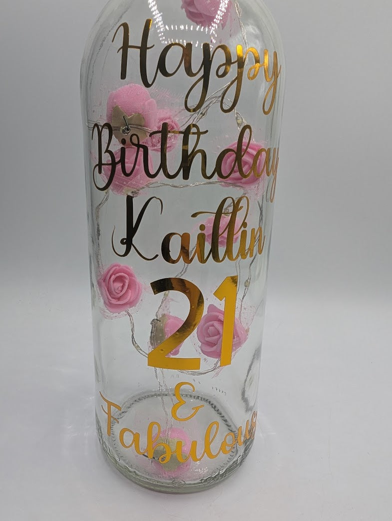 Personalised 21st Birthday Light Up Bottle, Rose Decor Gift, 21st Birthday Milestone Gift, Custom Light Up Bottle Gift, Present for Her 21st