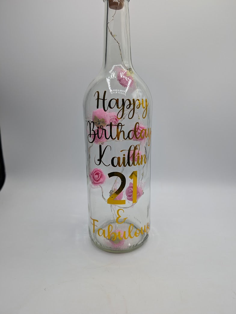 Personalised 21st Birthday Light Up Bottle, Rose Decor Gift, 21st Birthday Milestone Gift, Custom Light Up Bottle Gift, Present for Her 21st