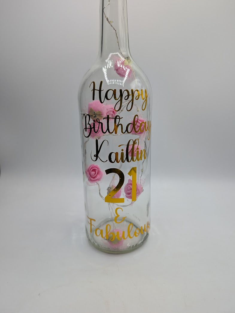 Personalised 21st Birthday Light Up Bottle, Rose Decor Gift, 21st Birthday Milestone Gift, Custom Light Up Bottle Gift, Present for Her 21st