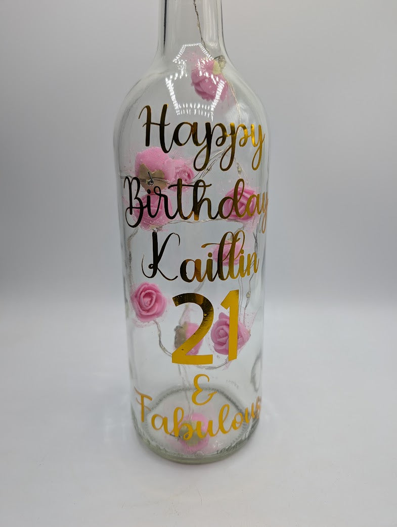 Personalised 21st Birthday Light Up Bottle, Rose Decor Gift, 21st Birthday Milestone Gift, Custom Light Up Bottle Gift, Present for Her 21st