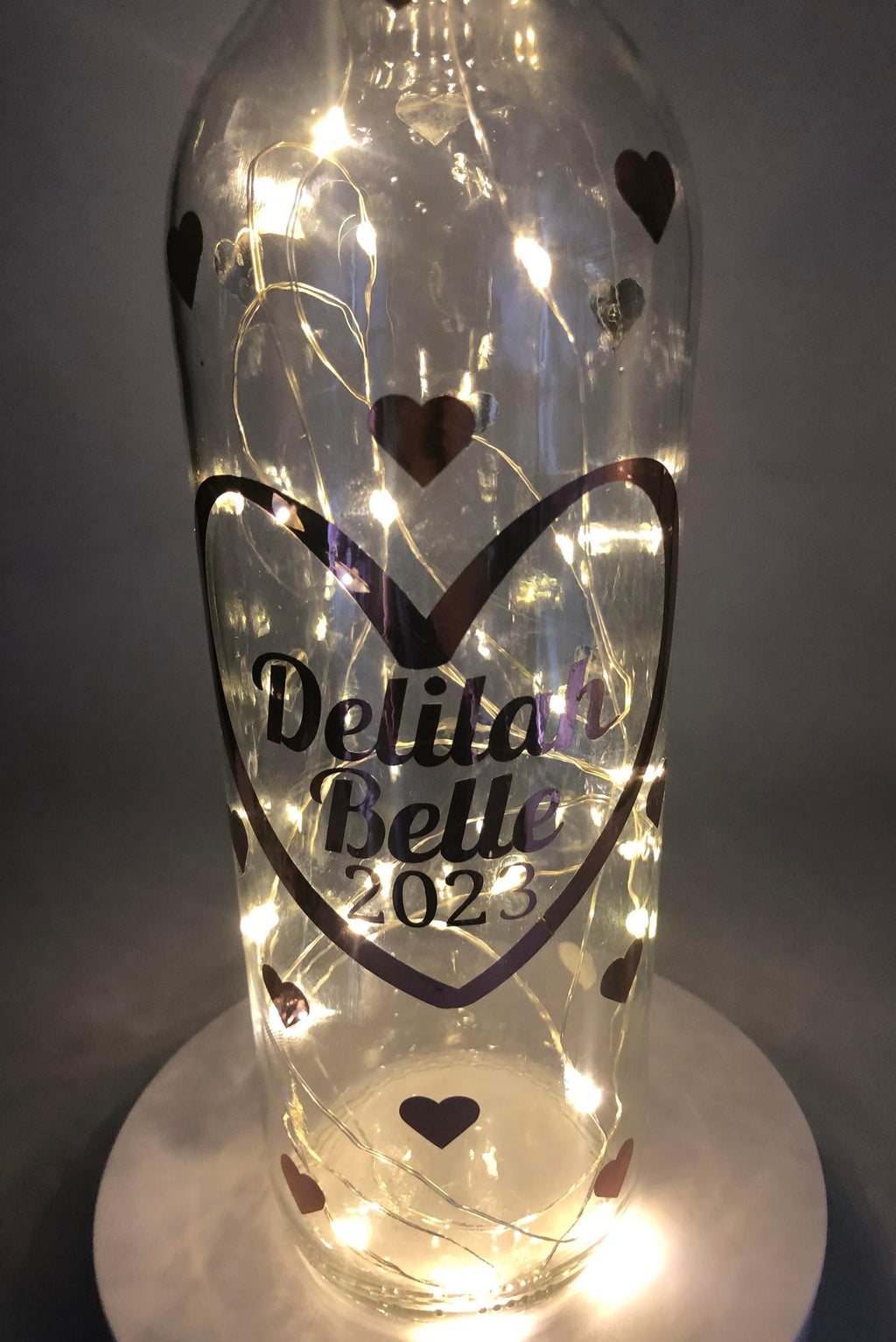 Personalised Birthday Gift, Birthday Light Up Bottle, Birthday Keepsake Gift, New Baby Gift, Christening Gift, Friend Birthday Hearts Gift