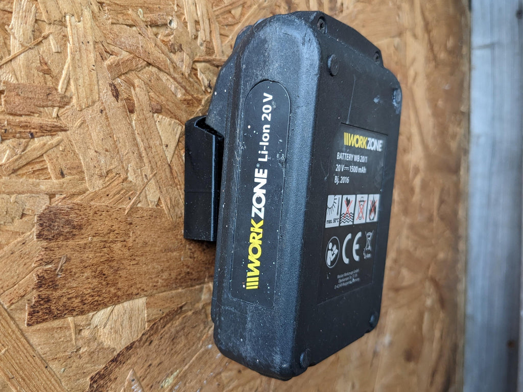 Workzone 20v Battery Wall / Undershelf Mount Holder for the Shed, Van or Workshop.  Price is for one battery holder.