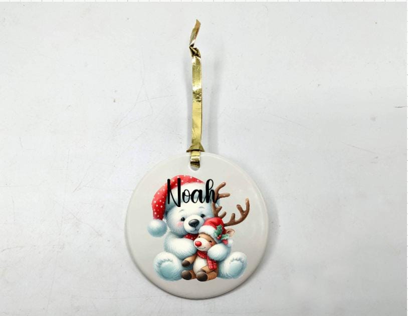 Personalised Polar Bear Bauble, Ceramic Christmas Ornament, Polar Bear Ornament, Christmas Keepsake, Polar Bear Bauble, Ceramic Polar Bear
