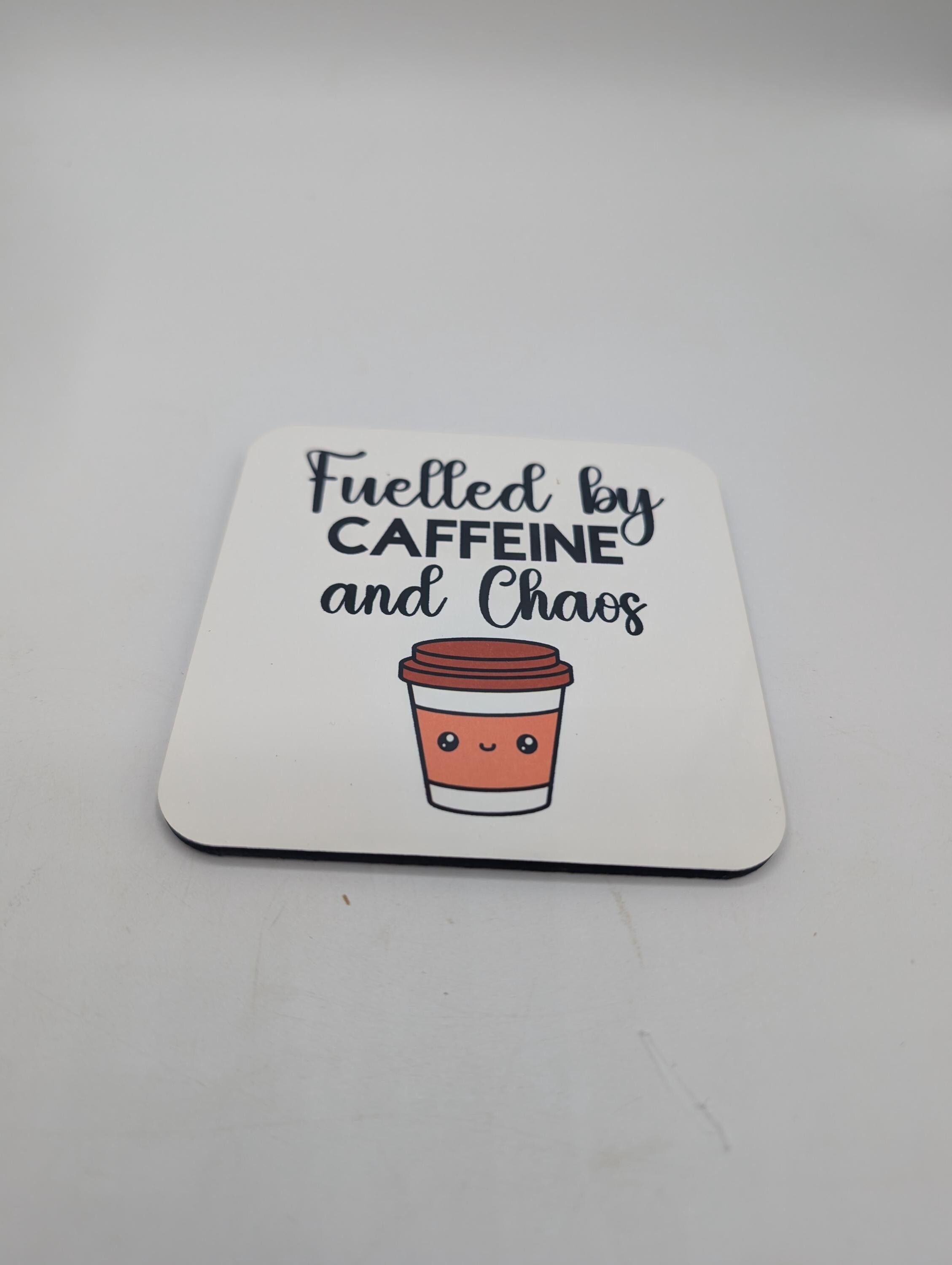 Fuelled by Caffeine & Chaos Mug / Gift for friend / Gift for coffee lover / Gift for Work Colleague / Caffeine Chaos Coaster / Coffee Gift