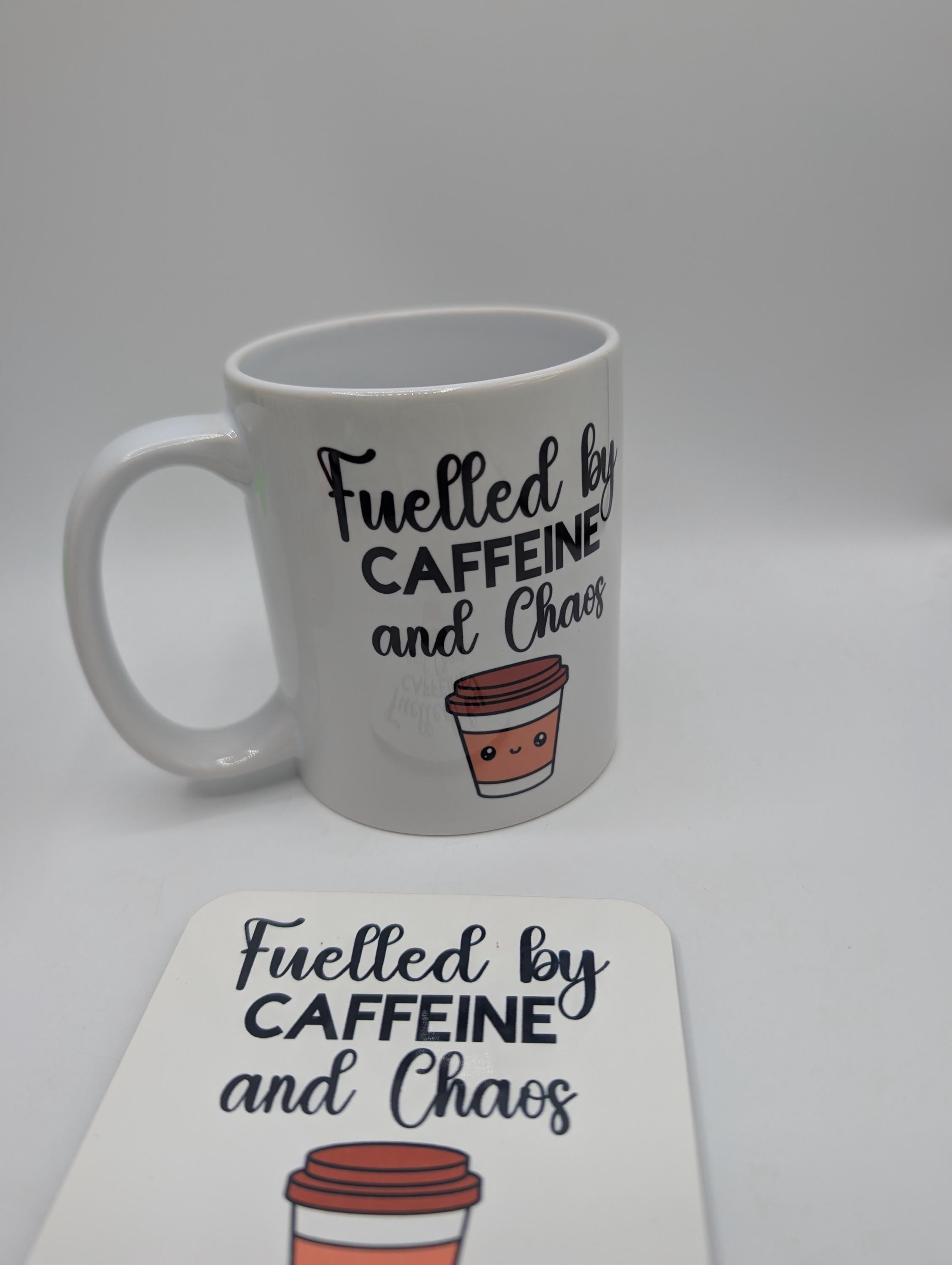 Fuelled by Caffeine & Chaos Mug / Gift for friend / Gift for coffee lover / Gift for Work Colleague / Caffeine Chaos Coaster / Coffee Gift