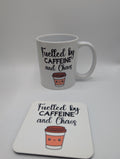Fuelled by Caffeine & Chaos Mug / Gift for friend / Gift for coffee lover / Gift for Work Colleague / Caffeine Chaos Coaster / Coffee Gift