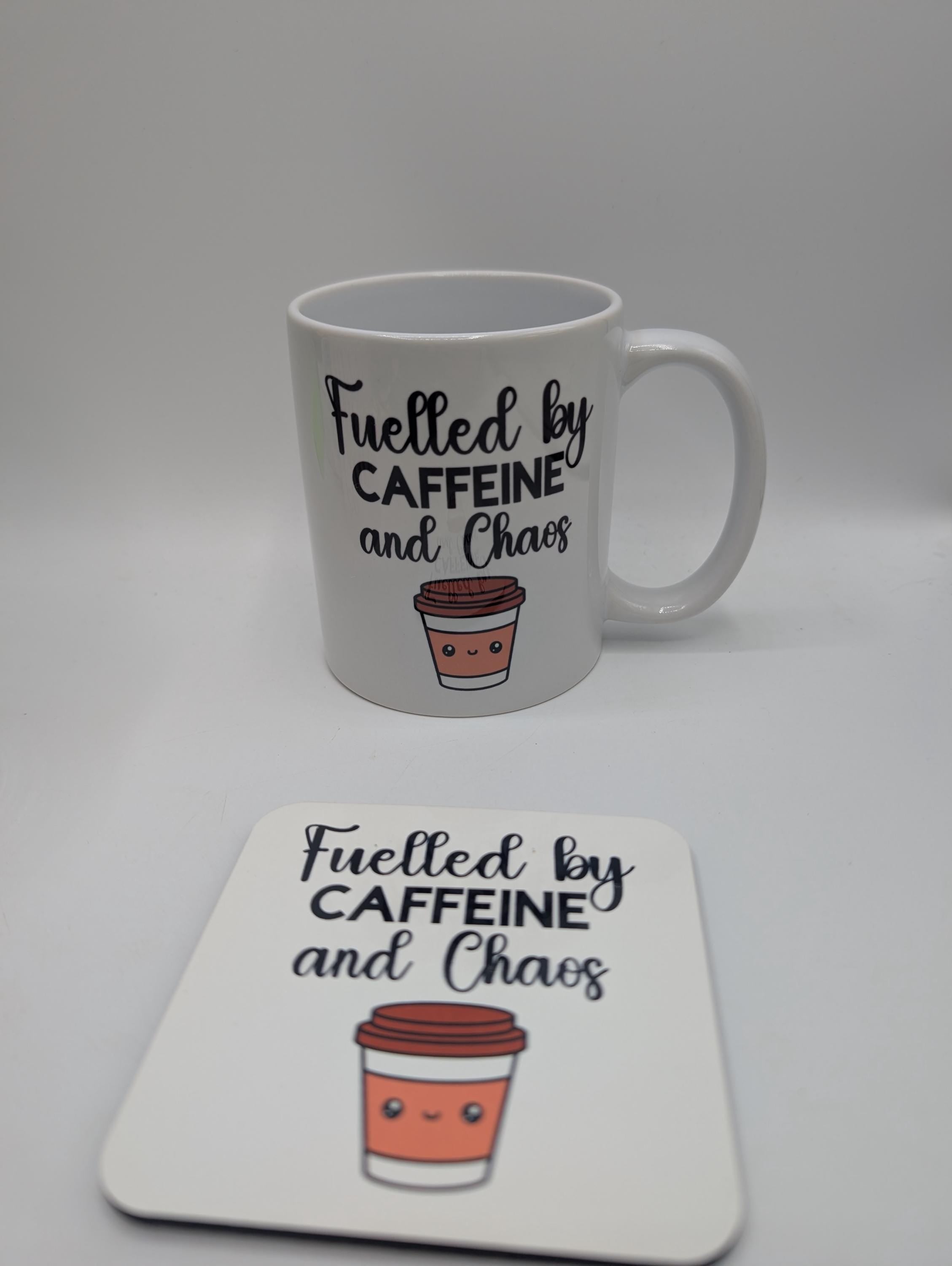 Fuelled by Caffeine & Chaos Mug / Gift for friend / Gift for coffee lover / Gift for Work Colleague / Caffeine Chaos Coaster / Coffee Gift