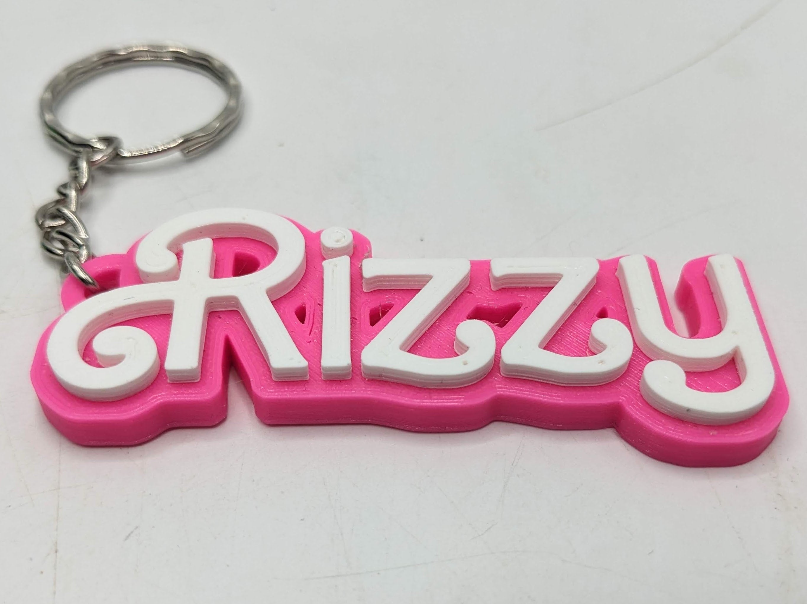 Personalised Name Keyring, Pink Doll Style Text, Two Colour Keyring, Party Bag Filler, Under 5 Pound, Party Bag Filler, School Bag Keyring