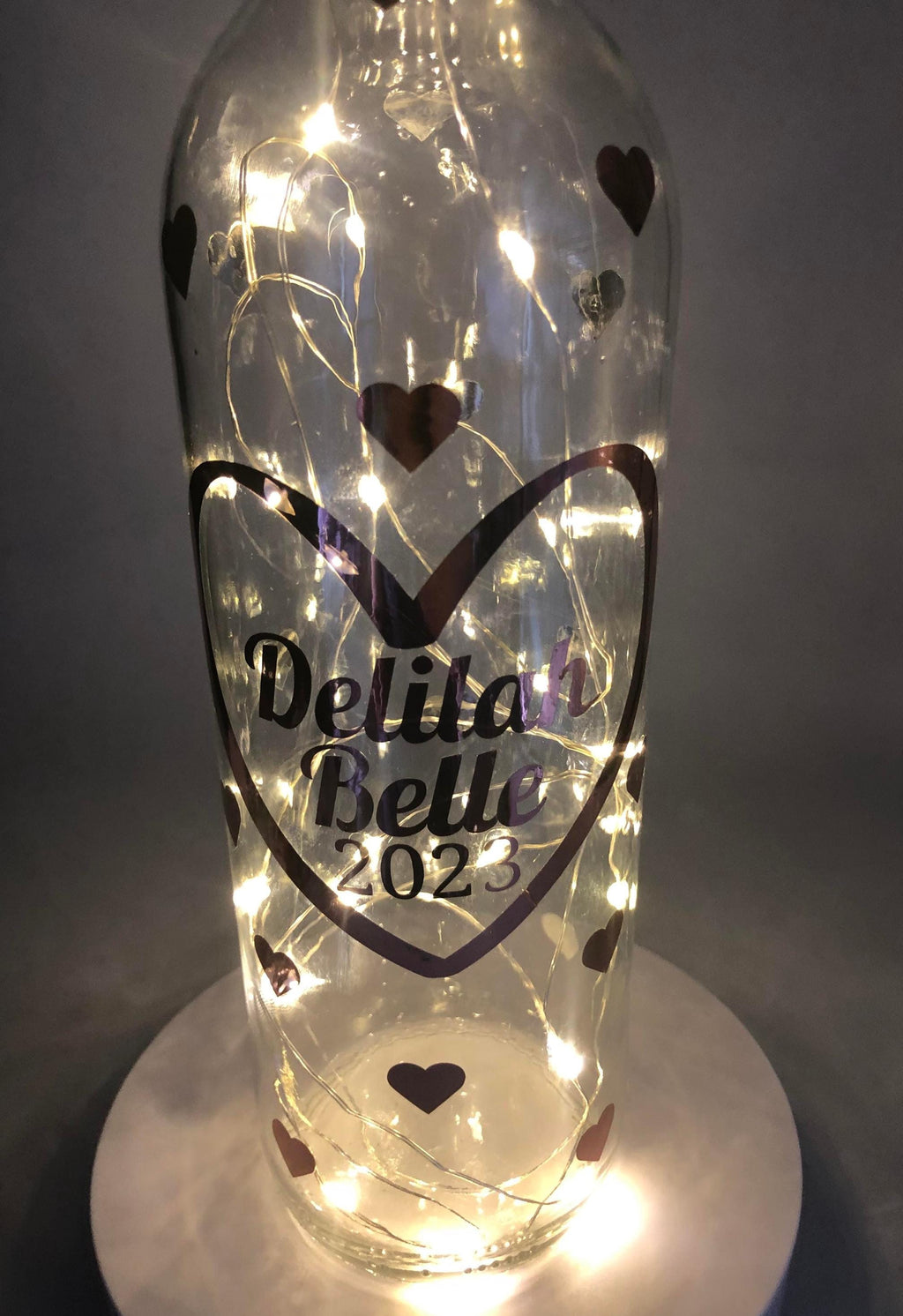 Personalised Birthday Gift, Birthday Light Up Bottle, Birthday Keepsake Gift, New Baby Gift, Christening Gift, Friend Birthday Hearts Gift