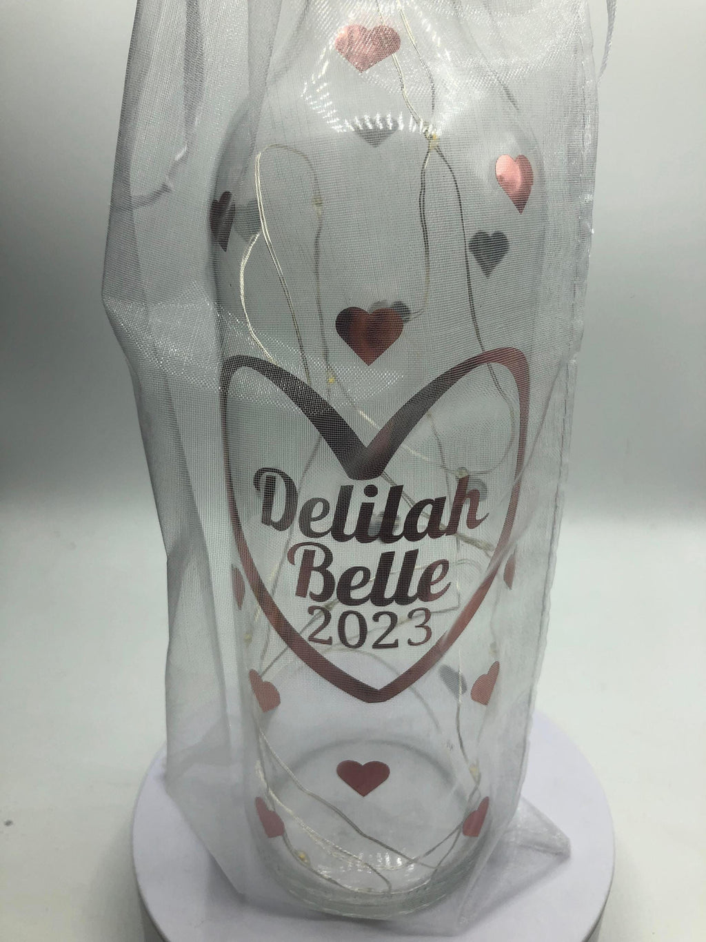 Personalised Birthday Gift, Birthday Light Up Bottle, Birthday Keepsake Gift, New Baby Gift, Christening Gift, Friend Birthday Hearts Gift