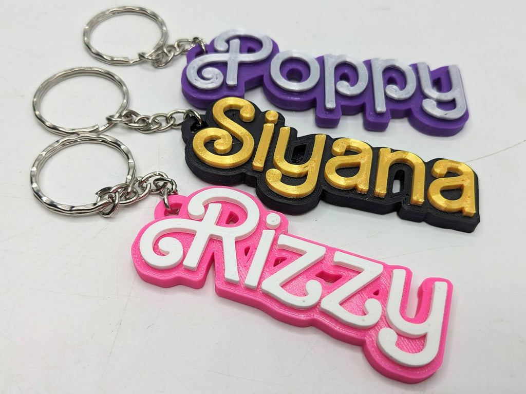 Personalised Name Keyring, Pink Doll Style Text, Two Colour Keyring, Party Bag Filler, Under 5 Pound, Party Bag Filler, School Bag Keyring