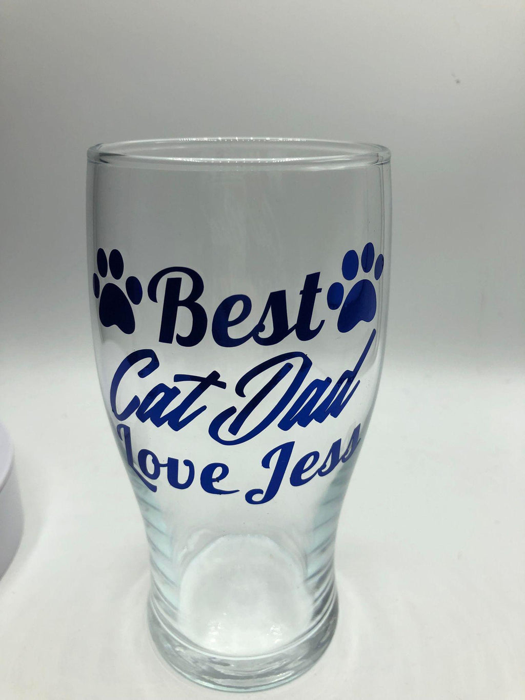 Personalized Cat Dad Pint Glass, Blue Text, Cat Lover Gift