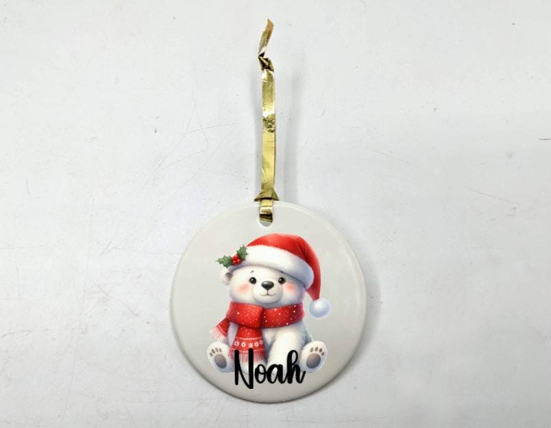 Personalised Polar Bear Bauble, Ceramic Christmas Ornament, Polar Bear Ornament, Christmas Keepsake, Polar Bear Bauble, Ceramic Polar Bear