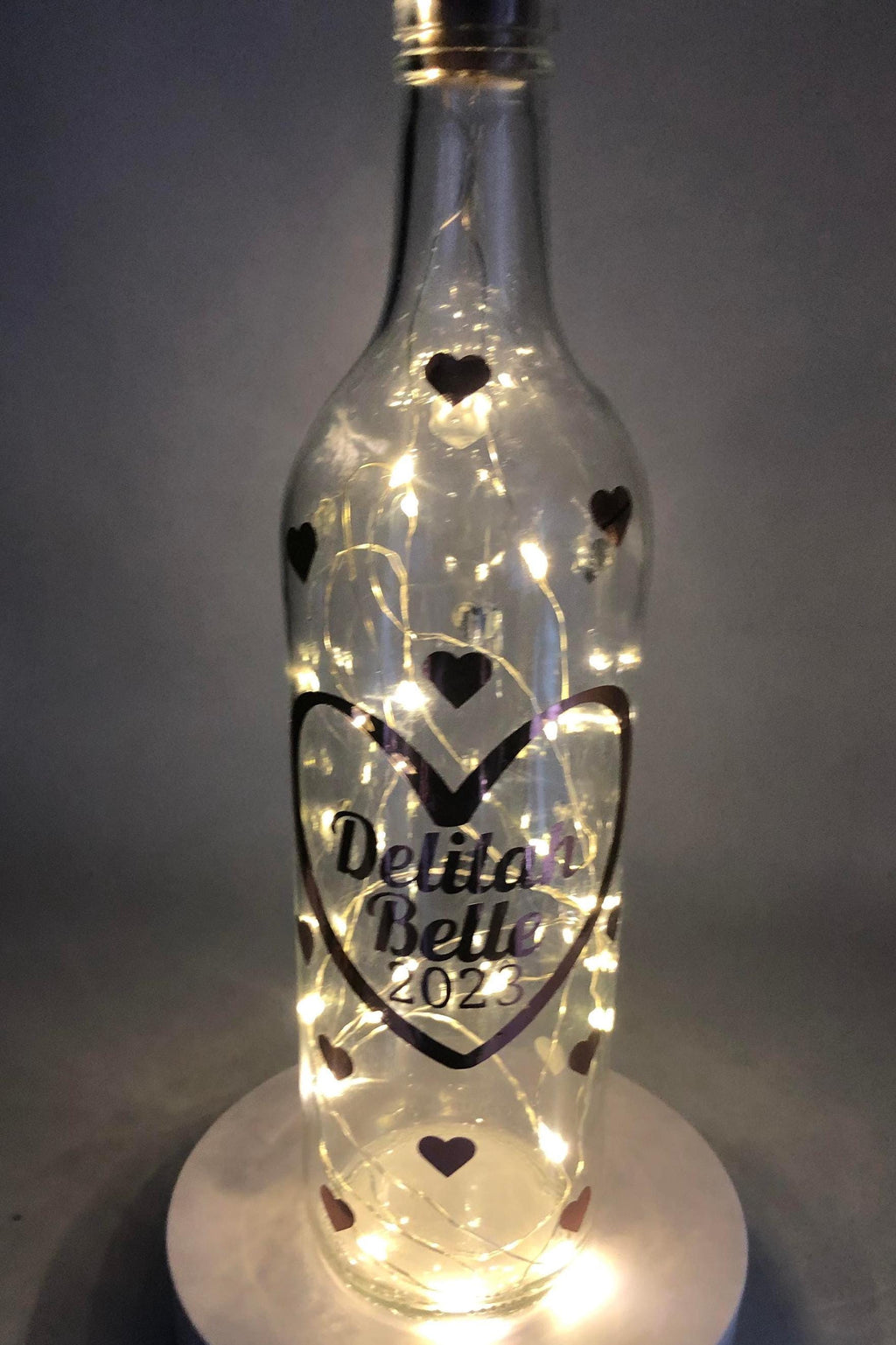 Personalised Birthday Gift, Birthday Light Up Bottle, Birthday Keepsake Gift, New Baby Gift, Christening Gift, Friend Birthday Hearts Gift