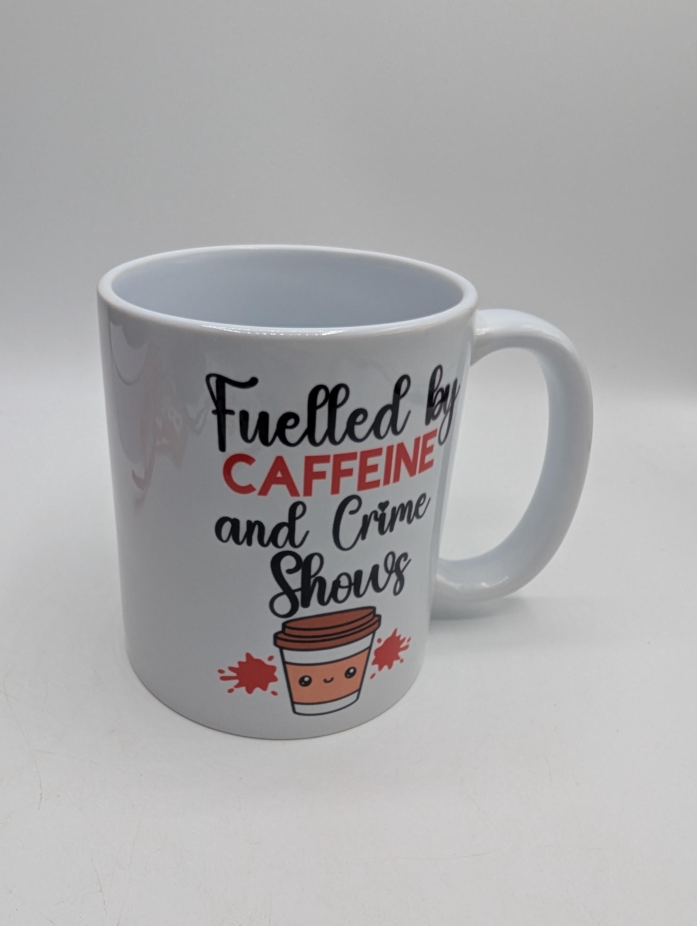 Fuelled by Caffeine & Crime Shows Mug / Gift for friend / Gift for coffee lover / Gift for Work Colleague / Caffeine Coaster / Coffee Gift