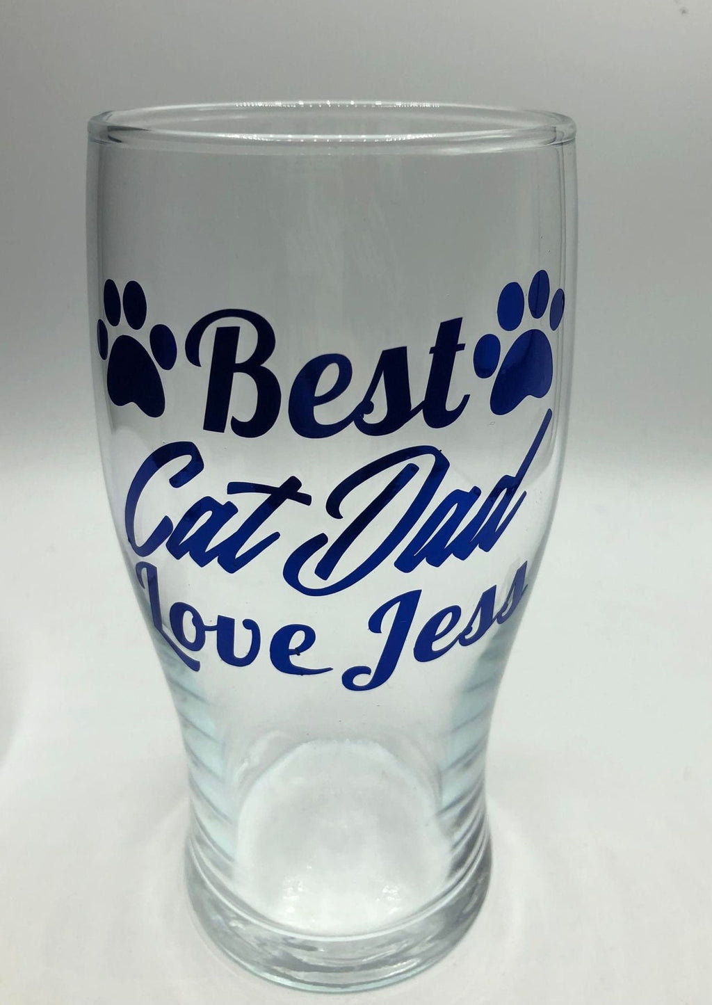 Personalized Cat Dad Pint Glass, Blue Text, Cat Lover Gift