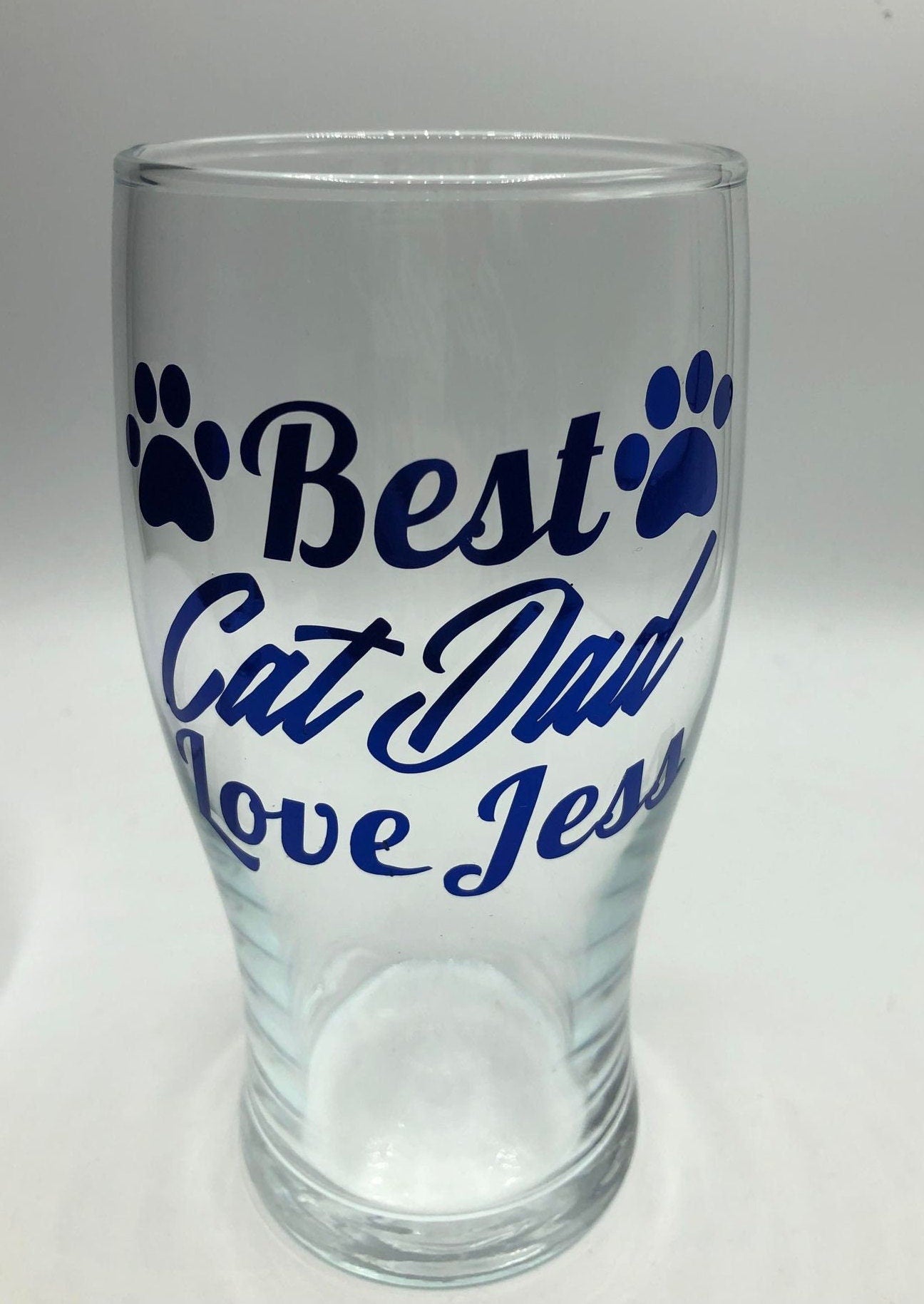 Personalized Cat Dad Pint Glass, Blue Text, Cat Lover Gift