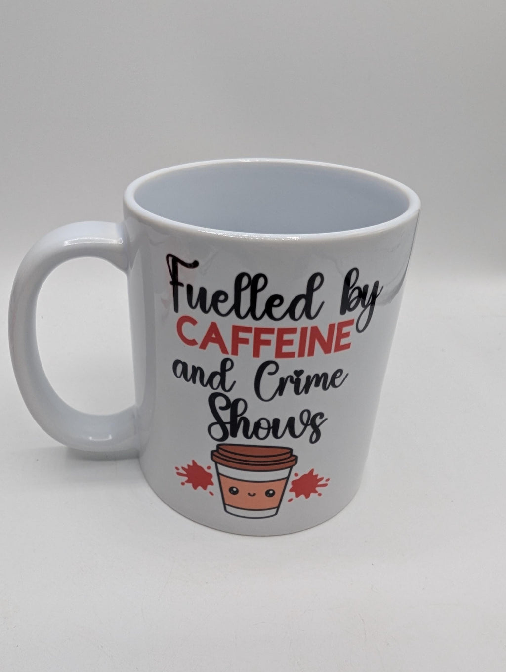 Fuelled by Caffeine & Crime Shows Mug / Gift for friend / Gift for coffee lover / Gift for Work Colleague / Caffeine Coaster / Coffee Gift