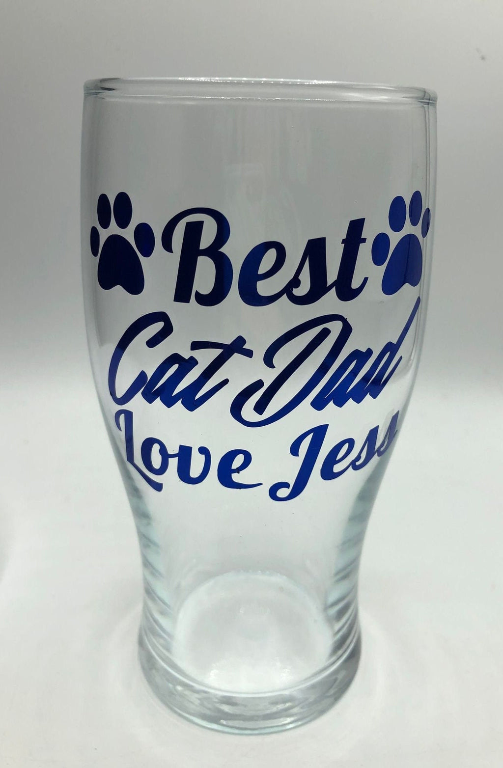 Personalized Cat Dad Pint Glass, Blue Text, Cat Lover Gift