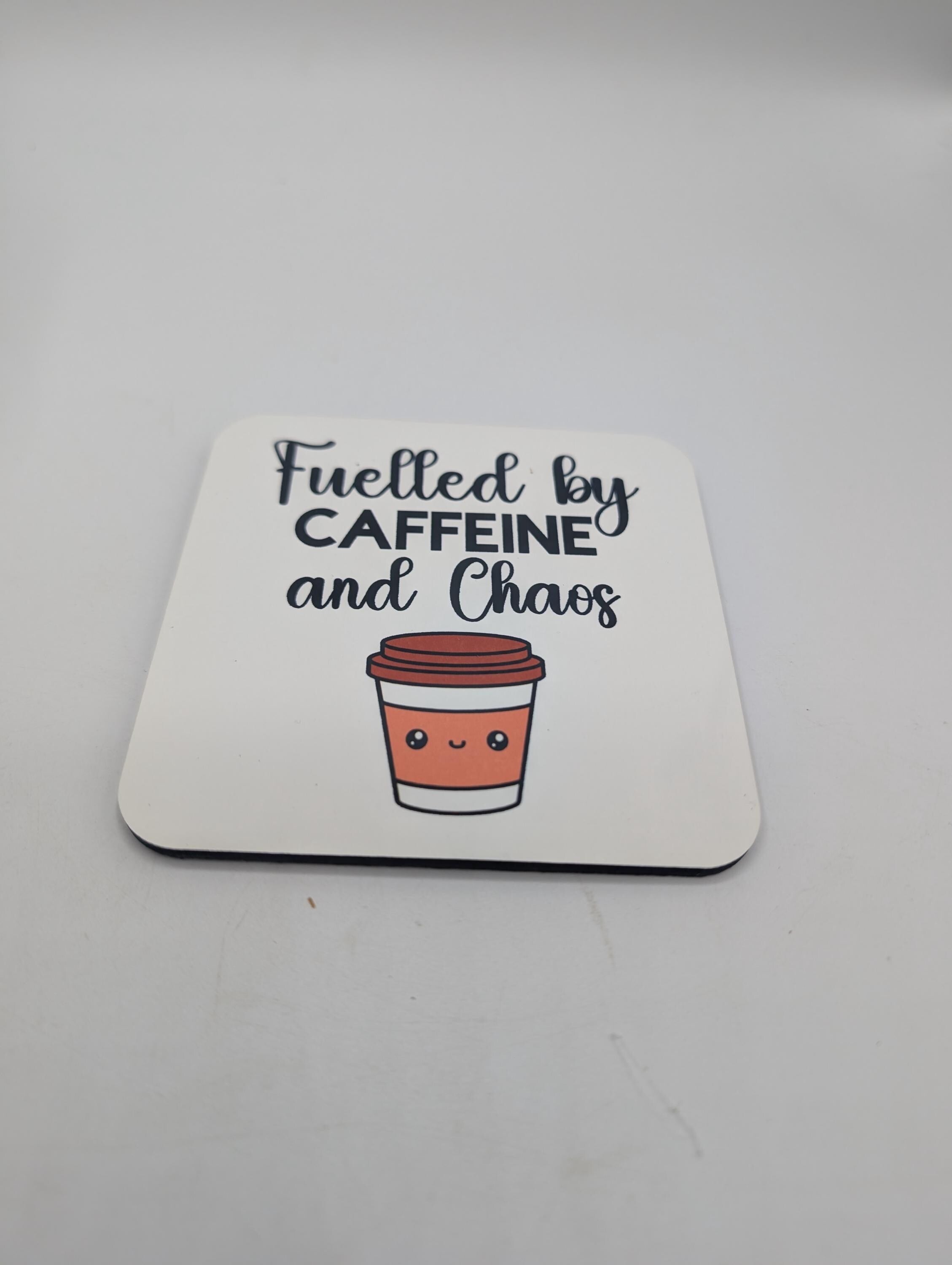 Fuelled by Caffeine & Chaos Mug / Gift for friend / Gift for coffee lover / Gift for Work Colleague / Caffeine Chaos Coaster / Coffee Gift