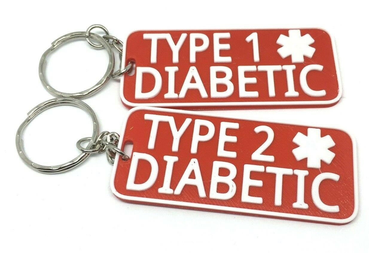 Type 1 Type 2 Diabetes Keyring / Diabetic Medical Alert Key Chain / Type 2 Diabetic On Insulin / Medical Alert Keychain / Medical Alert Tag