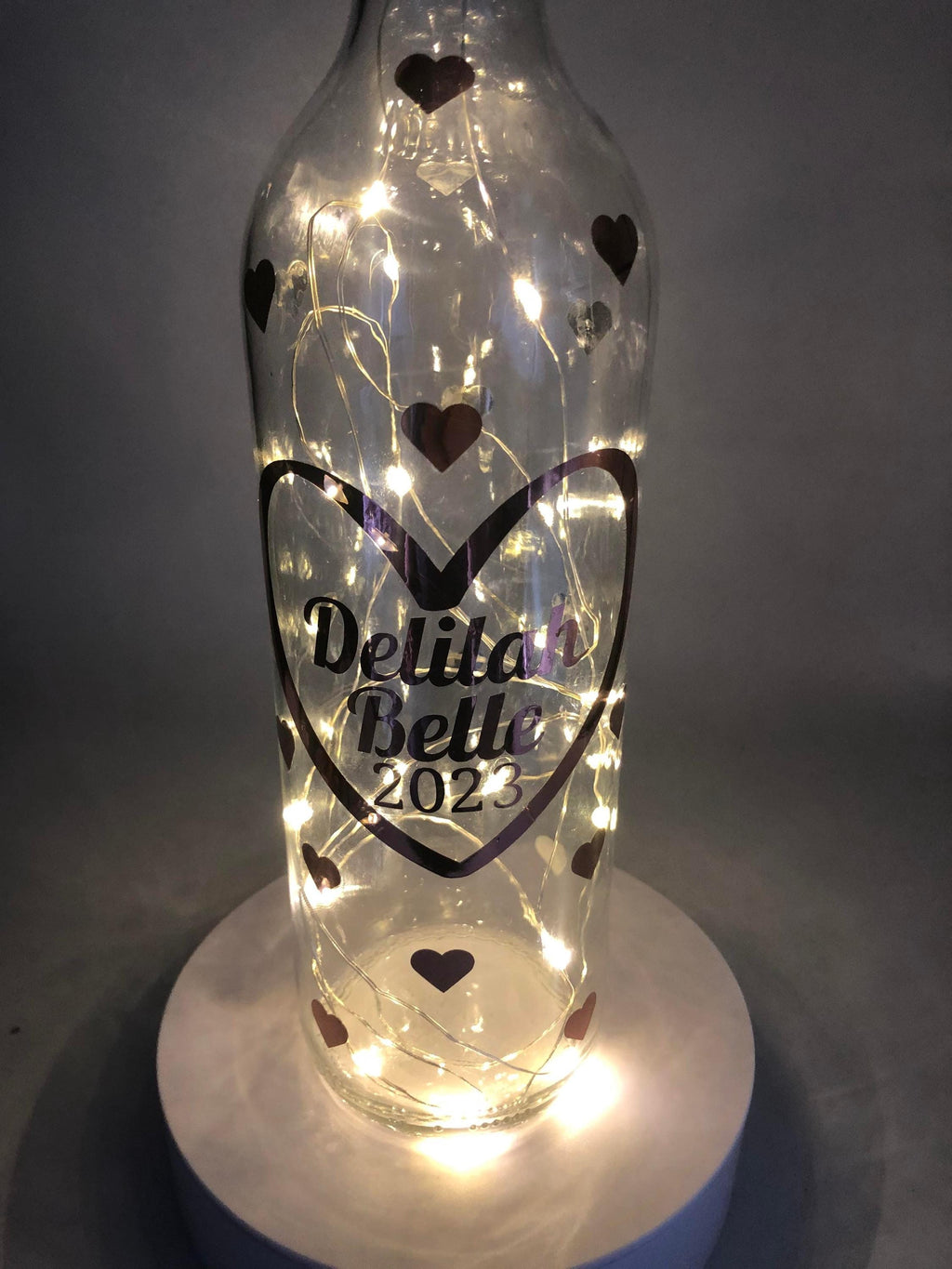 Personalised Birthday Gift, Birthday Light Up Bottle, Birthday Keepsake Gift, New Baby Gift, Christening Gift, Friend Birthday Hearts Gift