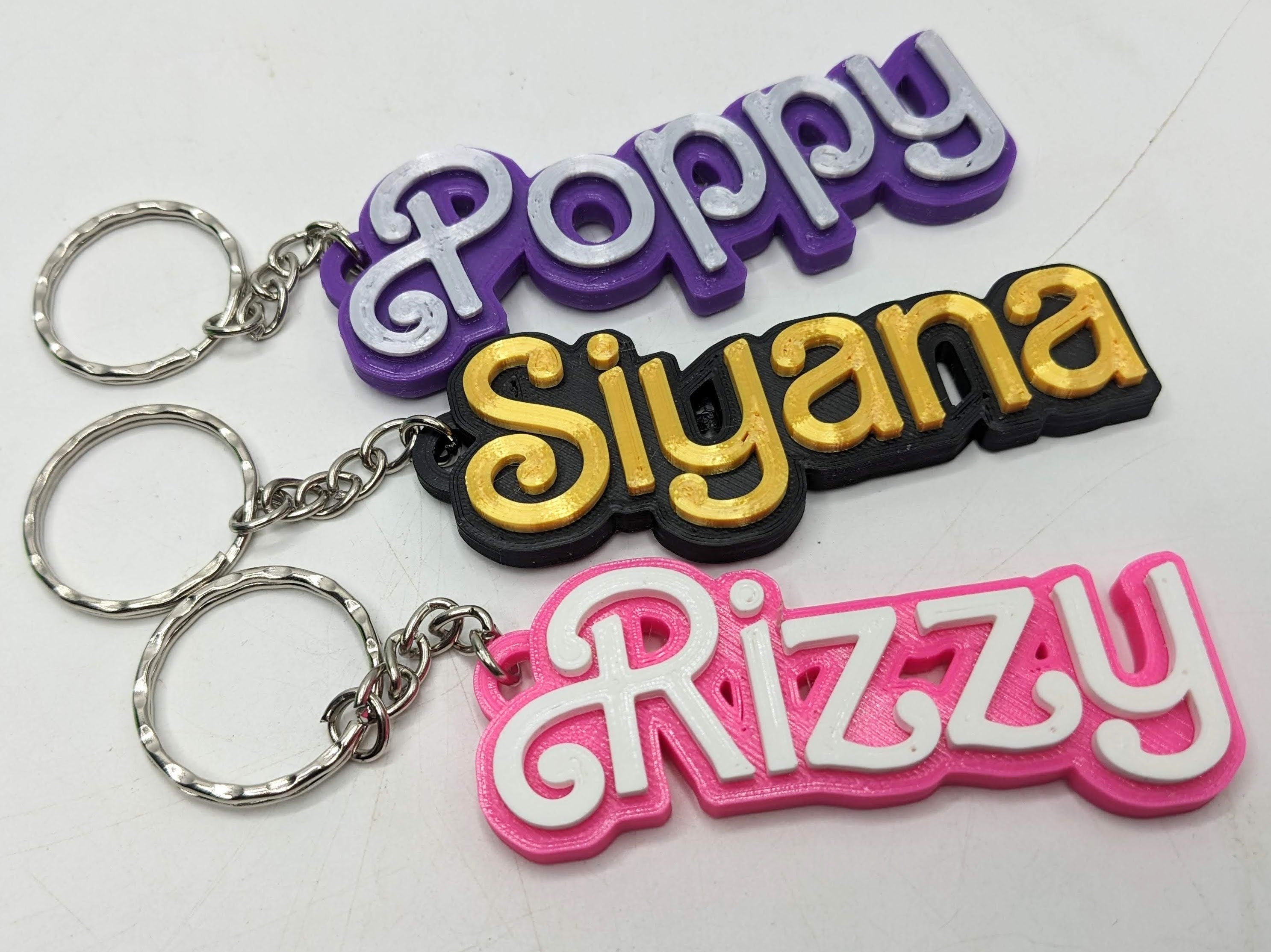 Personalised Name Keyring, Pink Doll Style Text, Two Colour Keyring, Party Bag Filler, Under 5 Pound, Party Bag Filler, School Bag Keyring