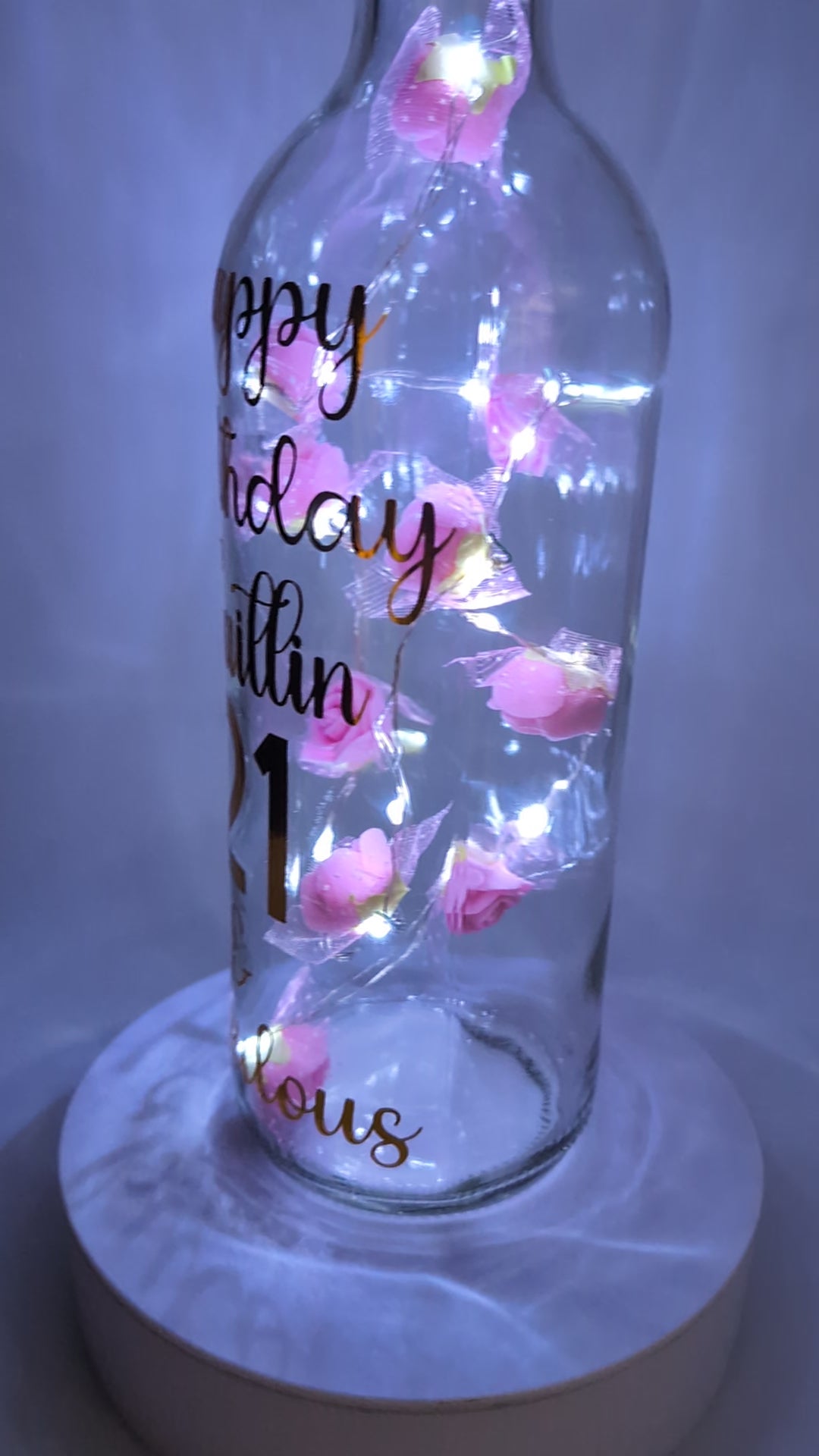 Personalised 21st Birthday Light Up Bottle, Rose Decor Gift, 21st Birthday Milestone Gift, Custom Light Up Bottle Gift, Present for Her 21st